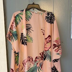 I Joah Leaf Print Kimono in Pink and Green